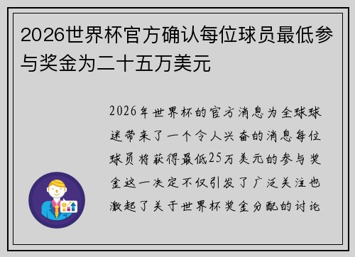 2026世界杯官方确认每位球员最低参与奖金为二十五万美元