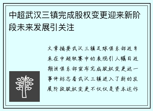 中超武汉三镇完成股权变更迎来新阶段未来发展引关注